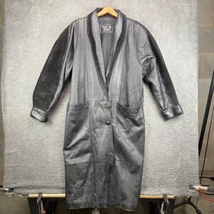 Marco Morani Black Leather Trench Coat Womens Small‎ Suede Trim Longline Vintage